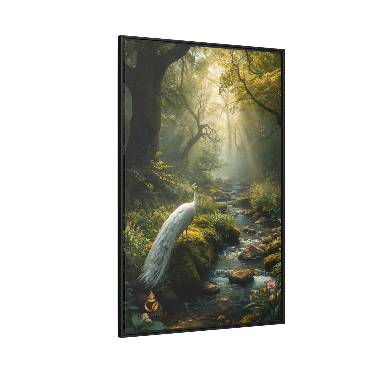 Framed Canvas Wall Art – White Heron in Enchanted Forest Stream
