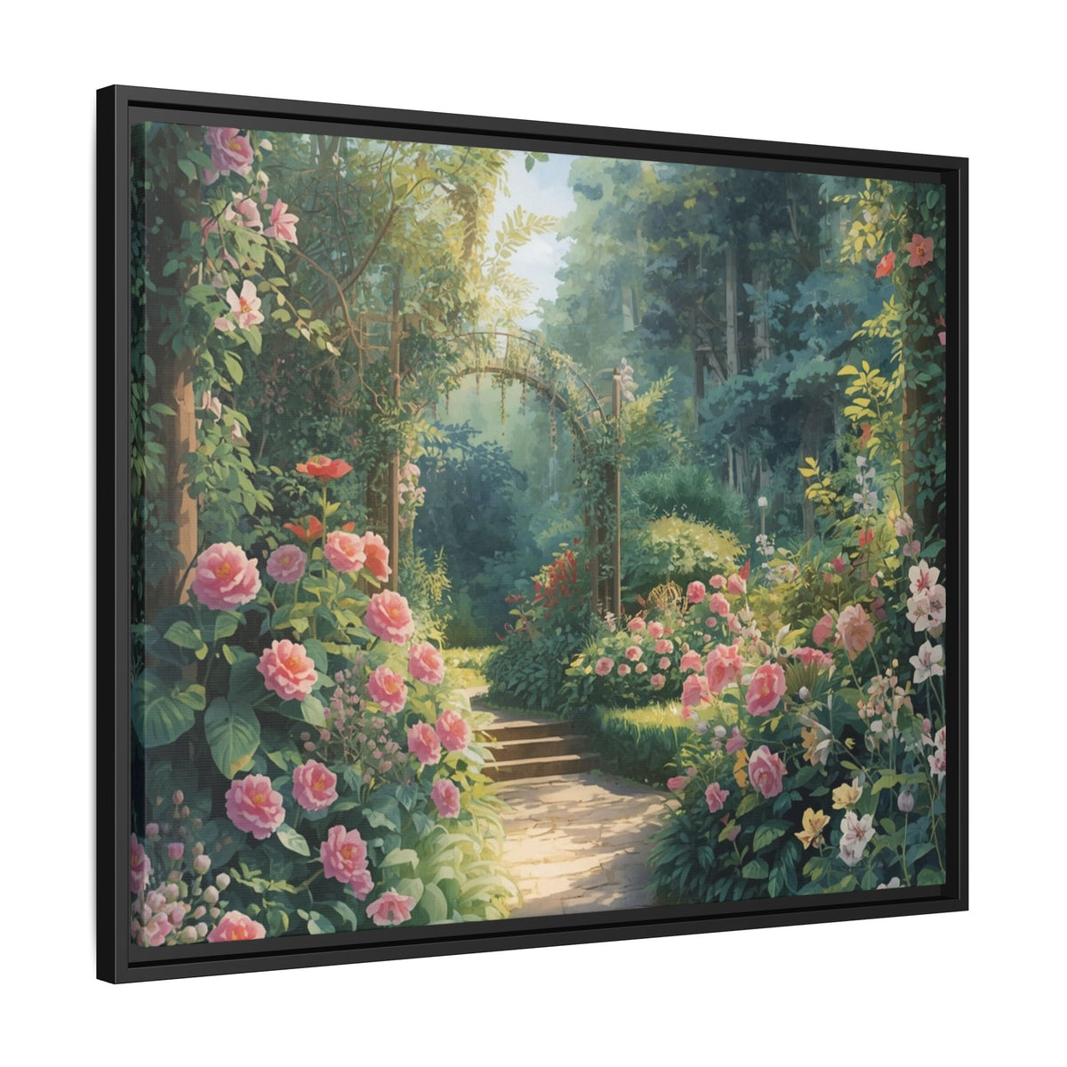 Framed Canvas Wall Art – Enchanting Cottage Garden Path with Pink Roses