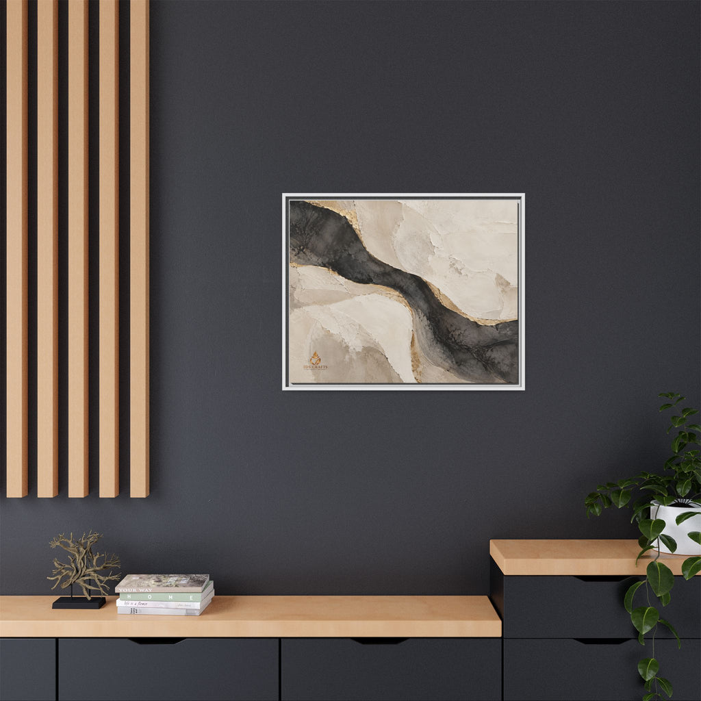 Framed Canvas Wall Art – Neutral Black, Beige & Gold Abstract