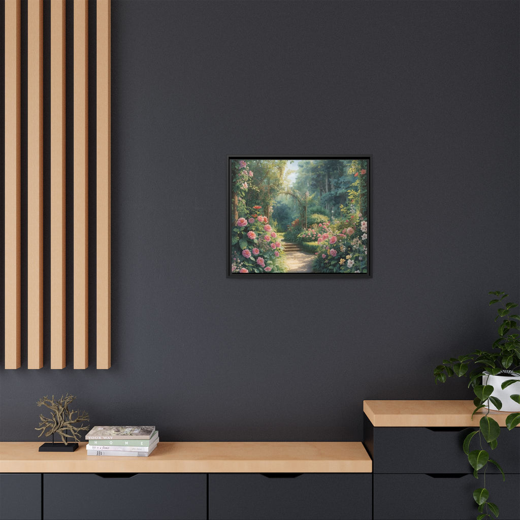 Framed Canvas Wall Art – Enchanting Cottage Garden Path with Pink Roses