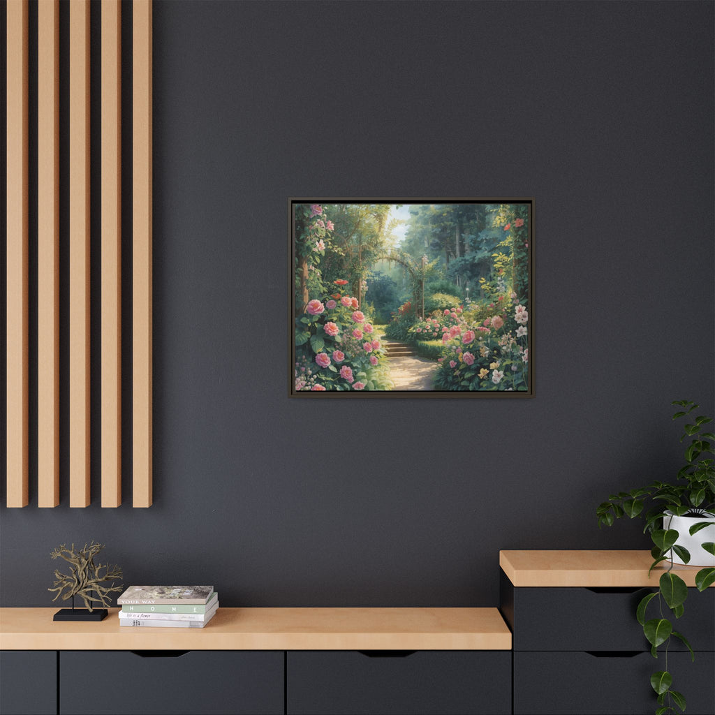 Framed Canvas Wall Art – Enchanting Cottage Garden Path with Pink Roses