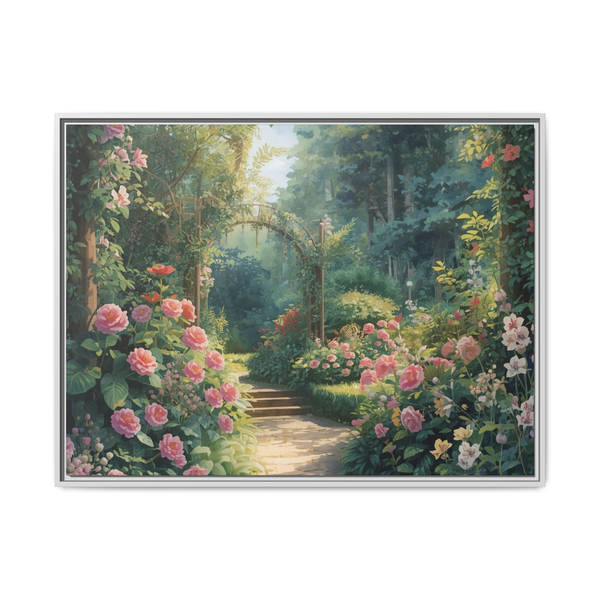 Framed Canvas Wall Art – Enchanting Cottage Garden Path with Pink Roses