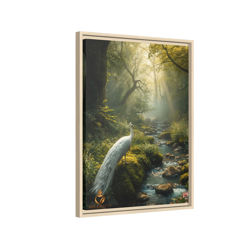 Framed Canvas Wall Art – White Heron in Enchanted Forest Stream