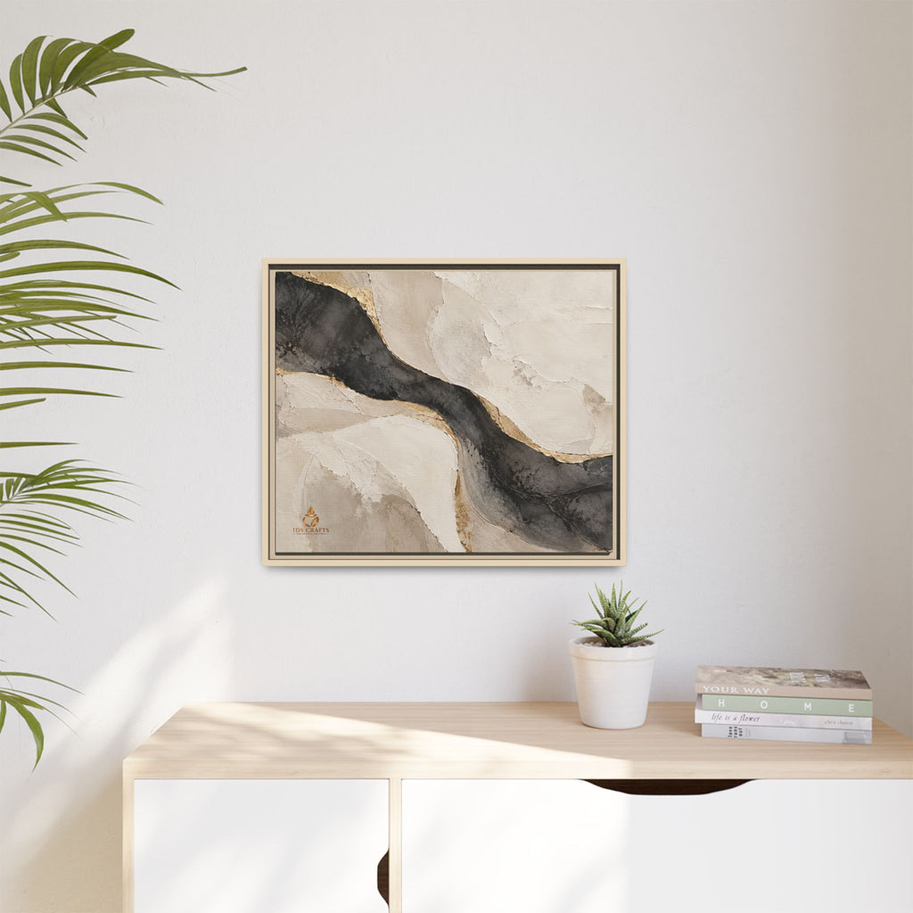 Framed Canvas Wall Art – Neutral Black, Beige & Gold Abstract