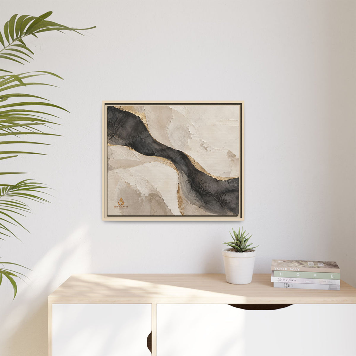 Framed Canvas Wall Art – Neutral Black, Beige & Gold Abstract