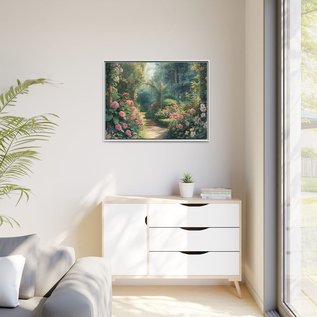 Framed Canvas Wall Art – Enchanting Cottage Garden Path with Pink Roses
