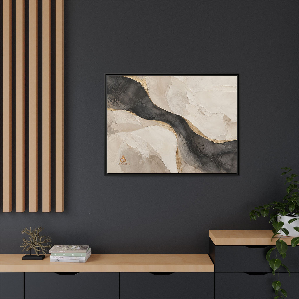 Framed Canvas Wall Art – Neutral Black, Beige & Gold Abstract