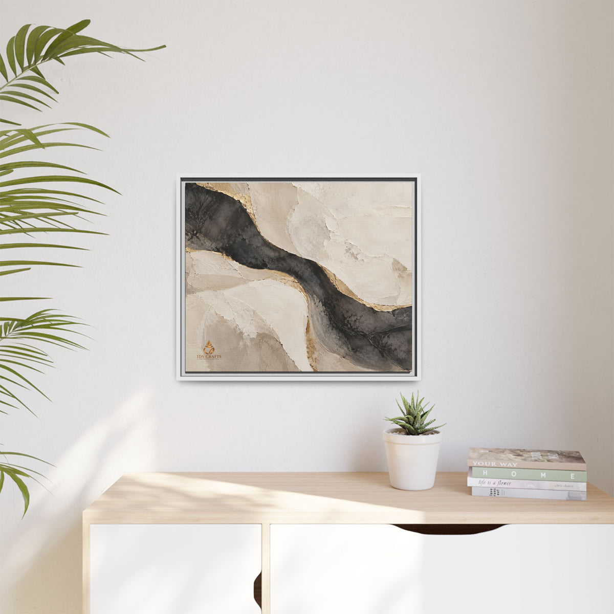 Framed Canvas Wall Art – Neutral Black, Beige & Gold Abstract