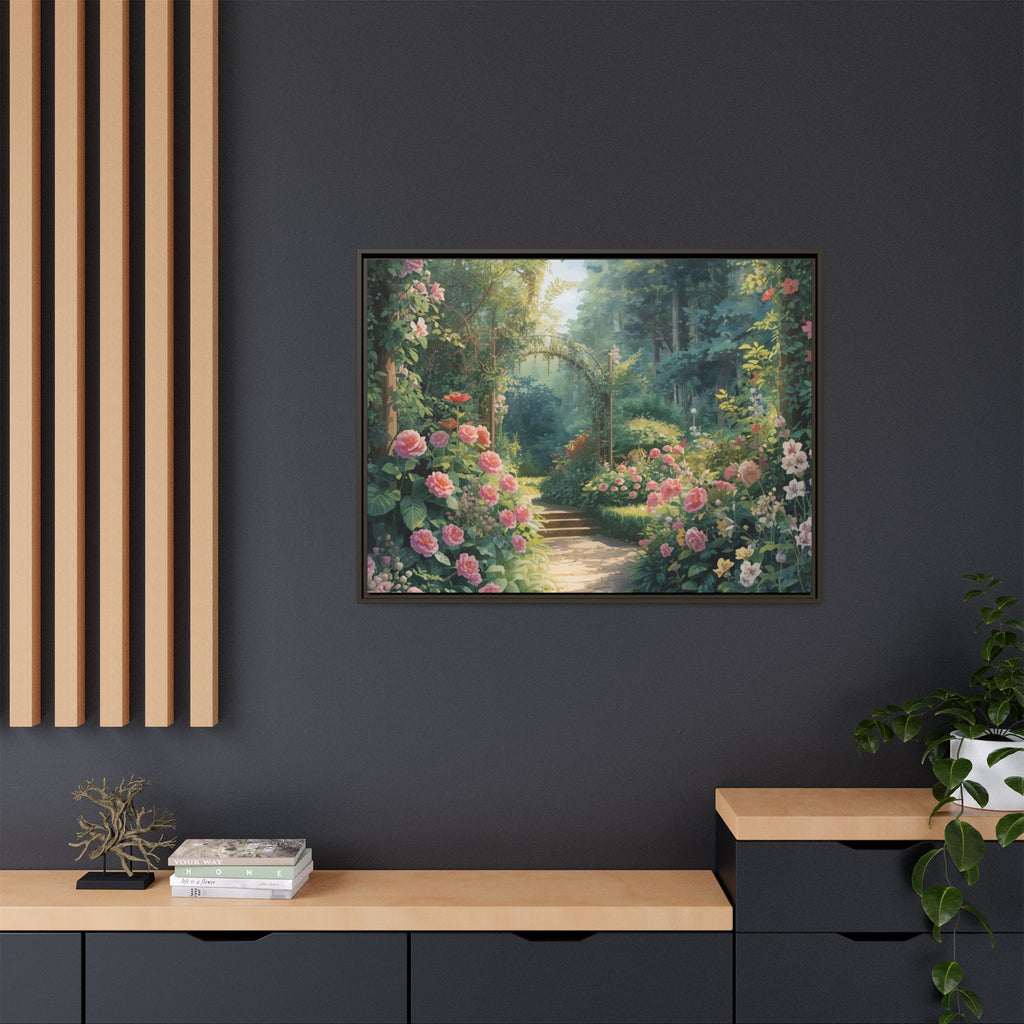 Framed Canvas Wall Art – Enchanting Cottage Garden Path with Pink Roses