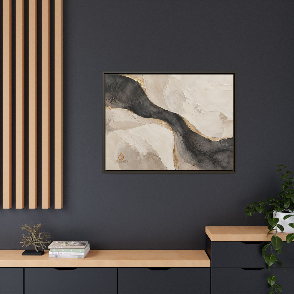Framed Canvas Wall Art – Neutral Black, Beige & Gold Abstract