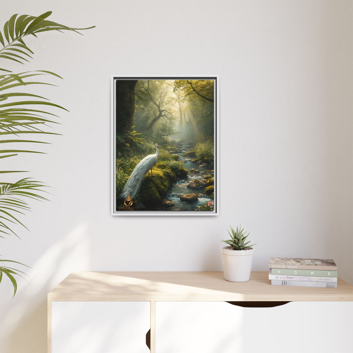 Framed Canvas Wall Art – White Heron in Enchanted Forest Stream