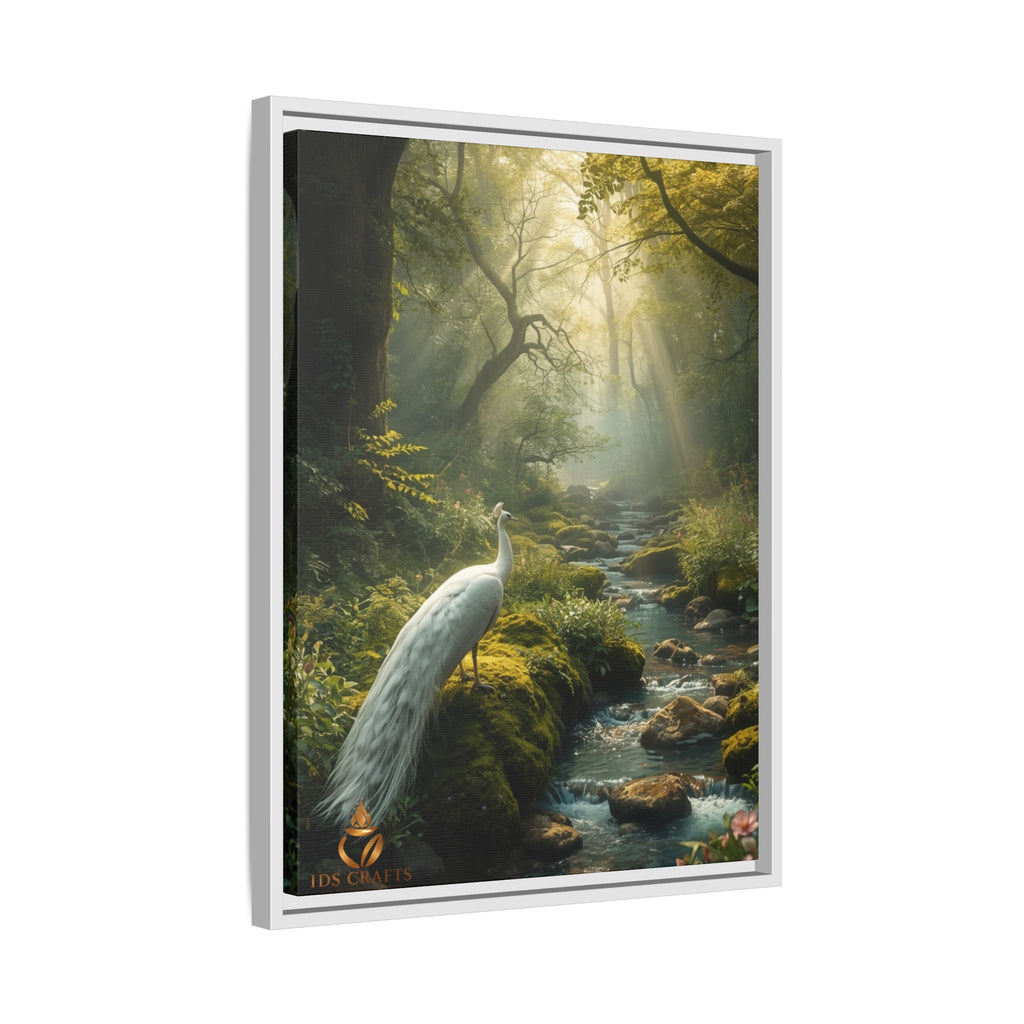 Framed Canvas Wall Art – White Heron in Enchanted Forest Stream