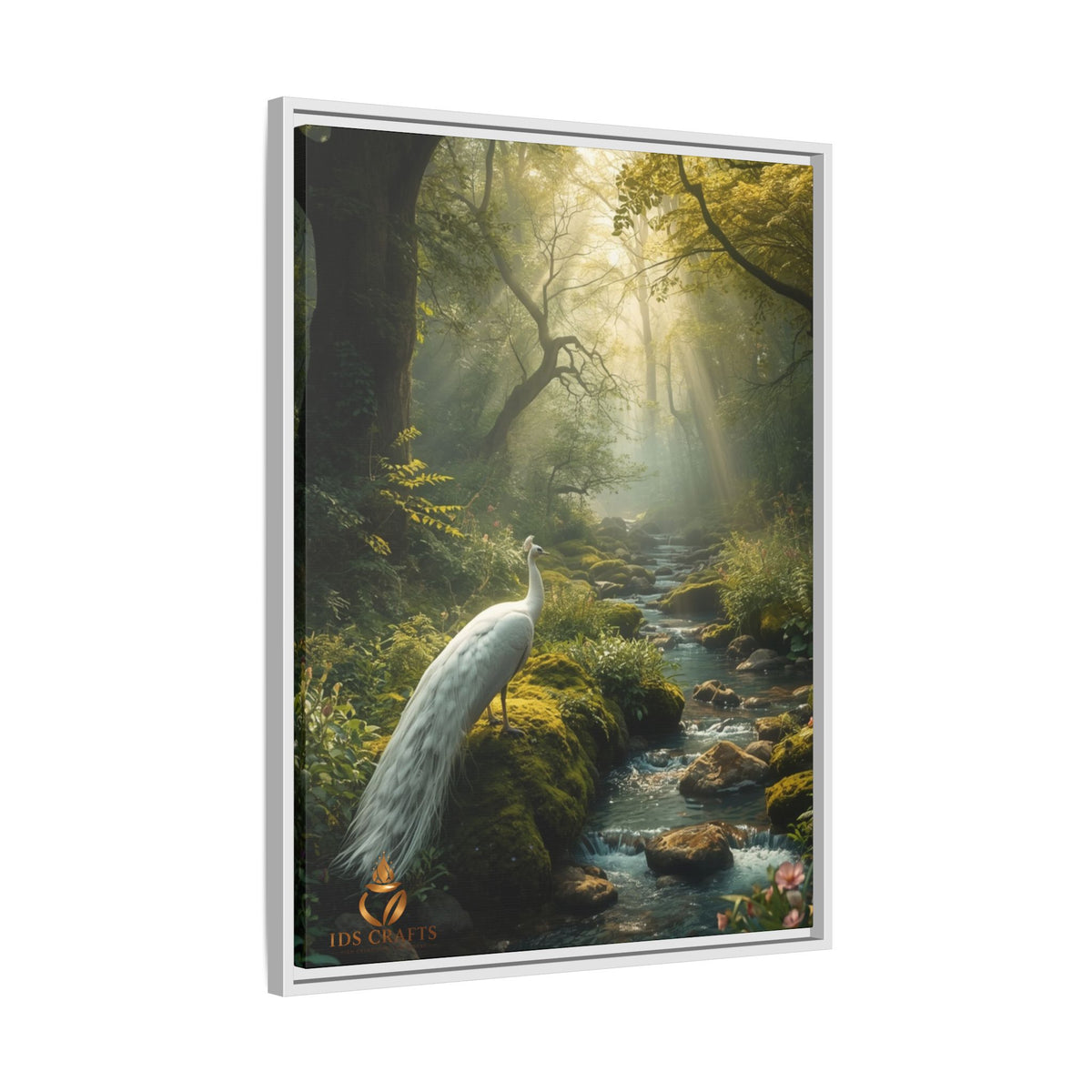 Framed Canvas Wall Art – White Heron in Enchanted Forest Stream
