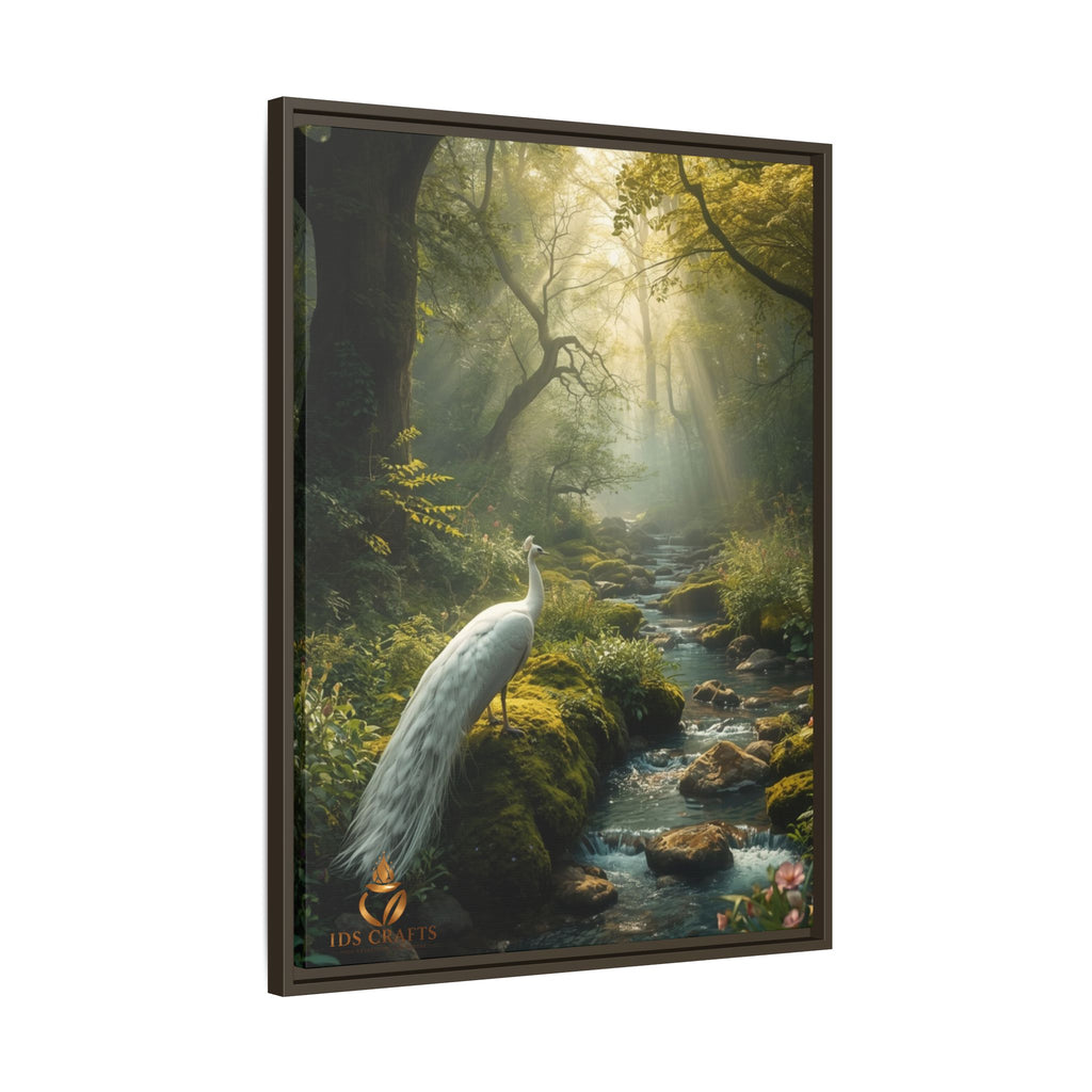 Framed Canvas Wall Art – White Heron in Enchanted Forest Stream