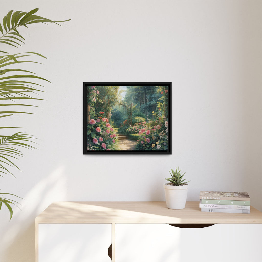 Framed Canvas Wall Art – Enchanting Cottage Garden Path with Pink Roses