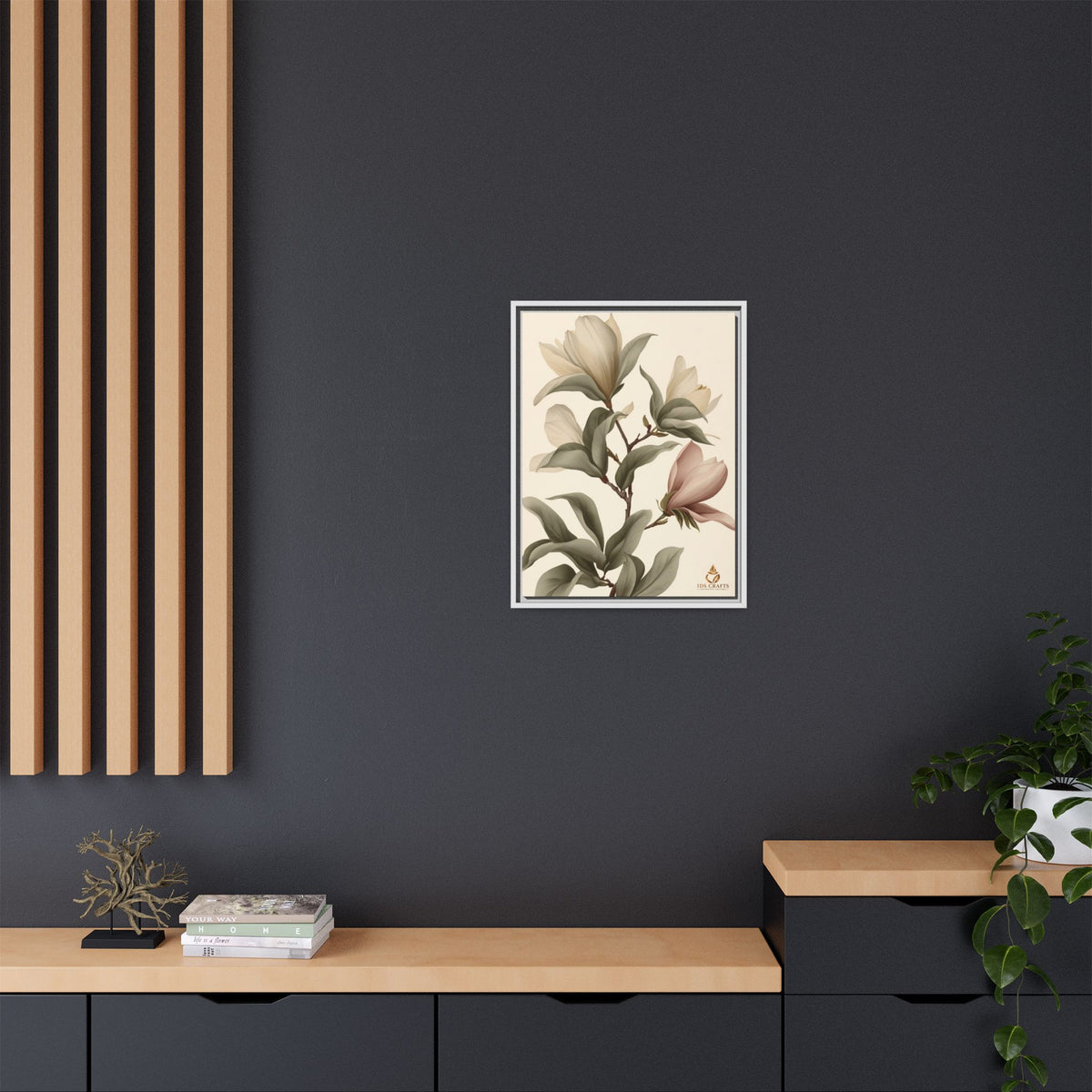 Framed Canvas Wall Art – Elegant Neutral Magnolia Botanical Print