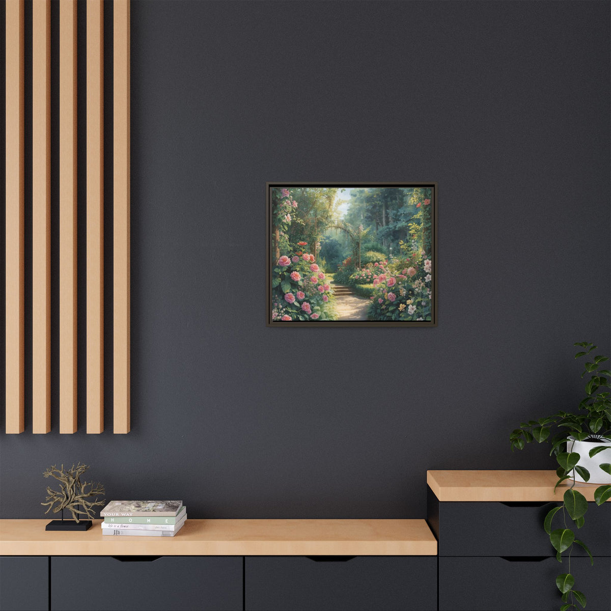 Framed Canvas Wall Art – Enchanting Cottage Garden Path with Pink Roses