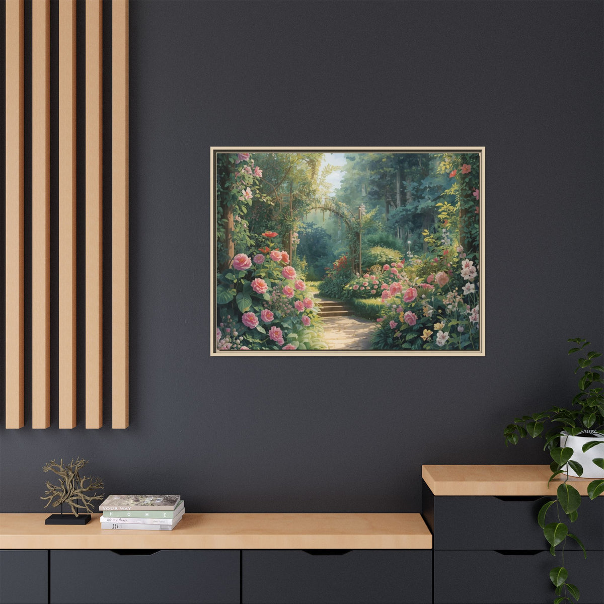 Framed Canvas Wall Art – Enchanting Cottage Garden Path with Pink Roses