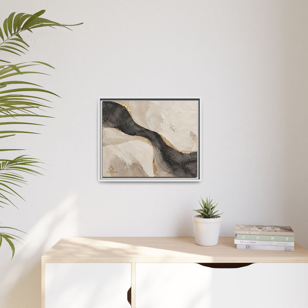 Framed Canvas Wall Art – Neutral Black, Beige & Gold Abstract