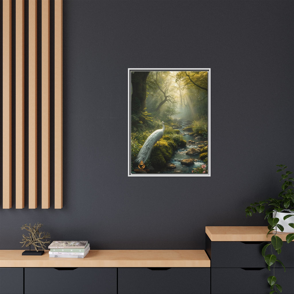 Framed Canvas Wall Art – White Heron in Enchanted Forest Stream