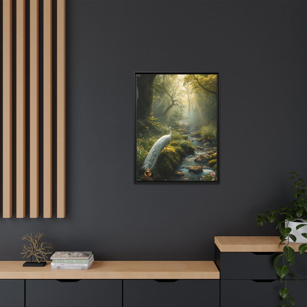 Framed Canvas Wall Art – White Heron in Enchanted Forest Stream