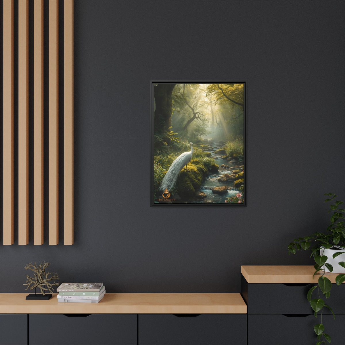 Framed Canvas Wall Art – White Heron in Enchanted Forest Stream