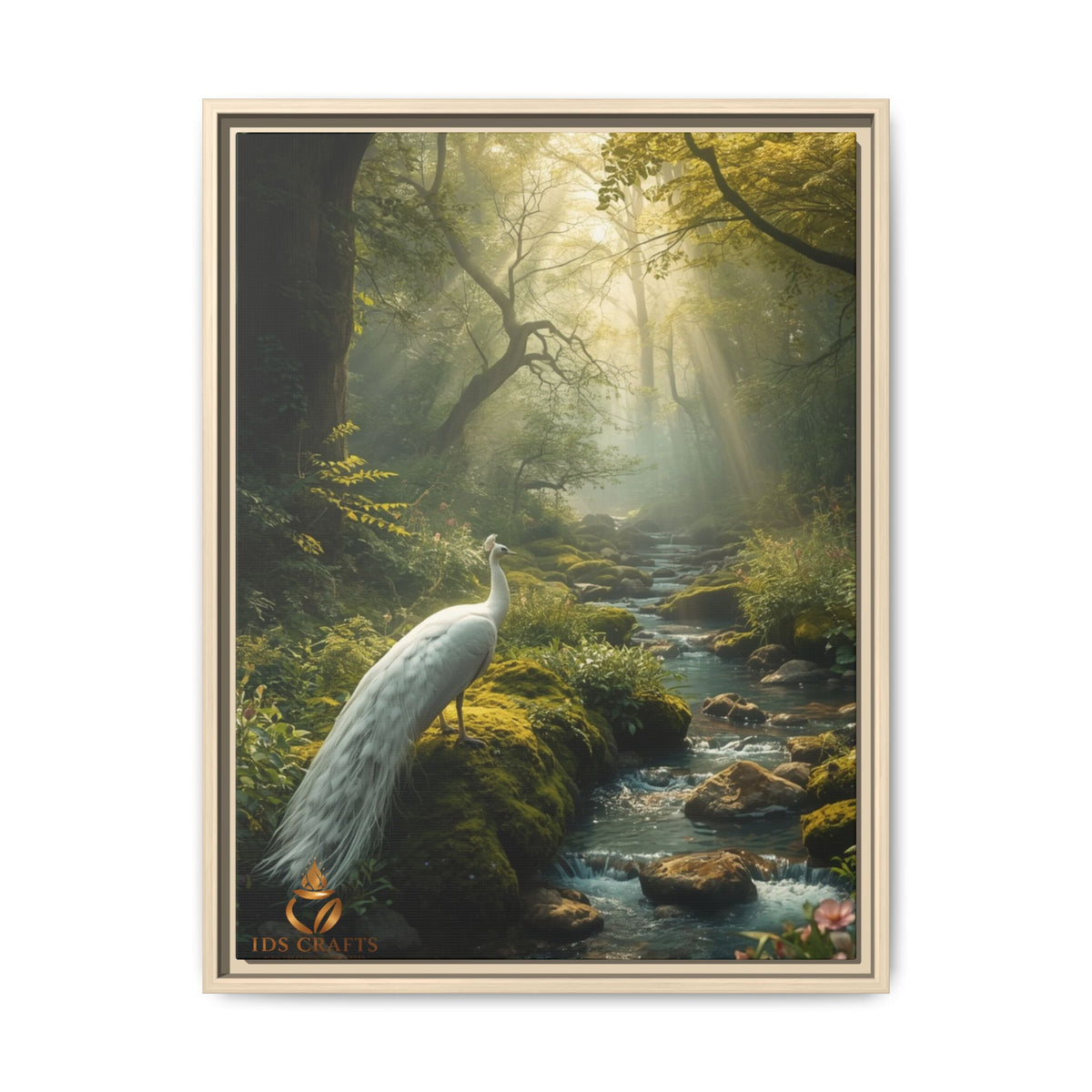 Framed Canvas Wall Art – White Heron in Enchanted Forest Stream