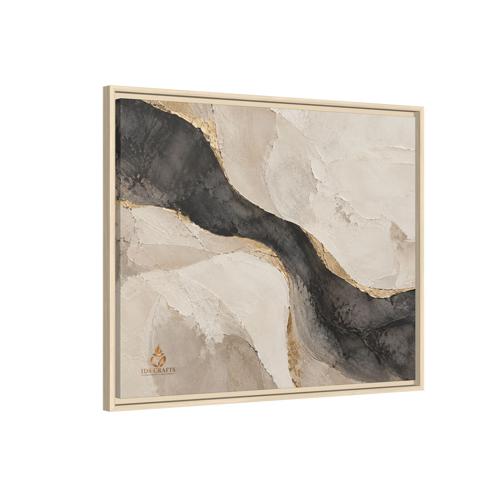 Framed Canvas Wall Art – Neutral Black, Beige & Gold Abstract