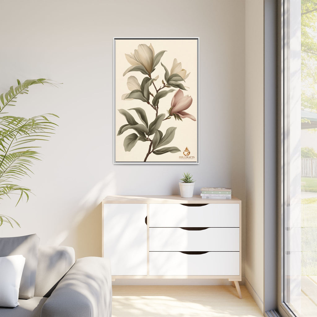 Framed Canvas Wall Art – Elegant Neutral Magnolia Botanical Print