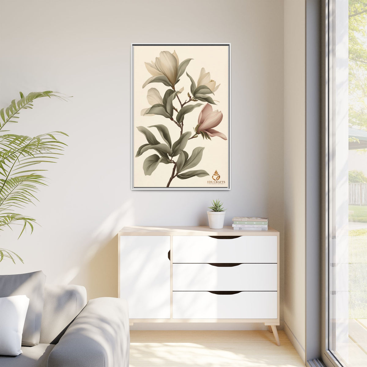 Framed Canvas Wall Art – Elegant Neutral Magnolia Botanical Print
