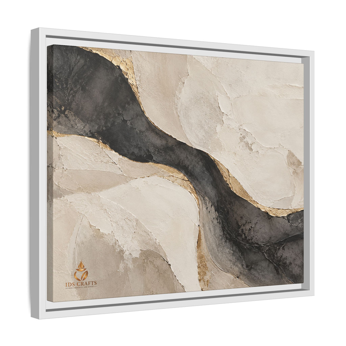 Framed Canvas Wall Art – Neutral Black, Beige & Gold Abstract