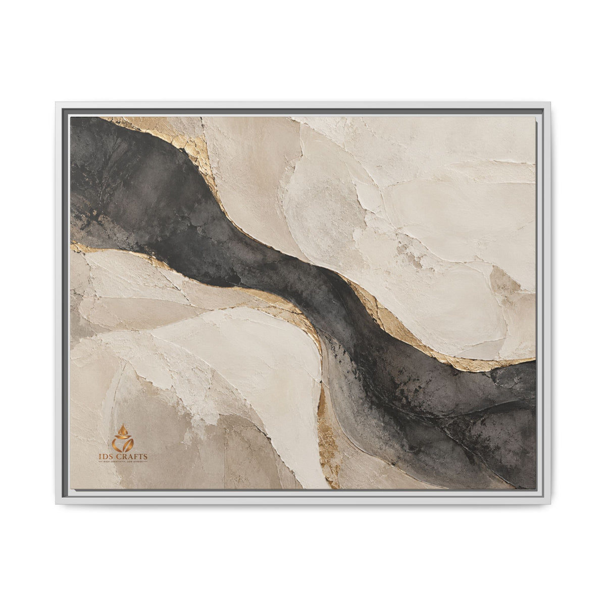 Framed Canvas Wall Art – Neutral Black, Beige & Gold Abstract
