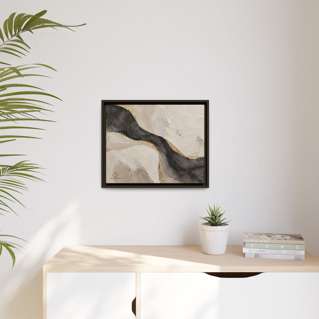 Framed Canvas Wall Art – Neutral Black, Beige & Gold Abstract