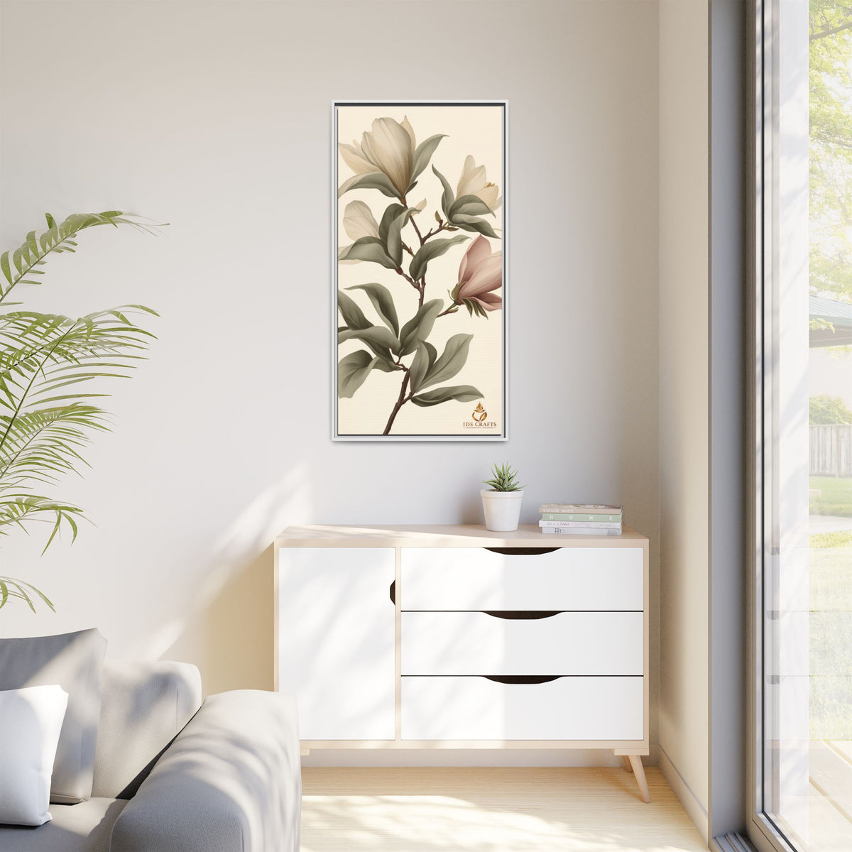 Framed Canvas Wall Art – Elegant Neutral Magnolia Botanical Print