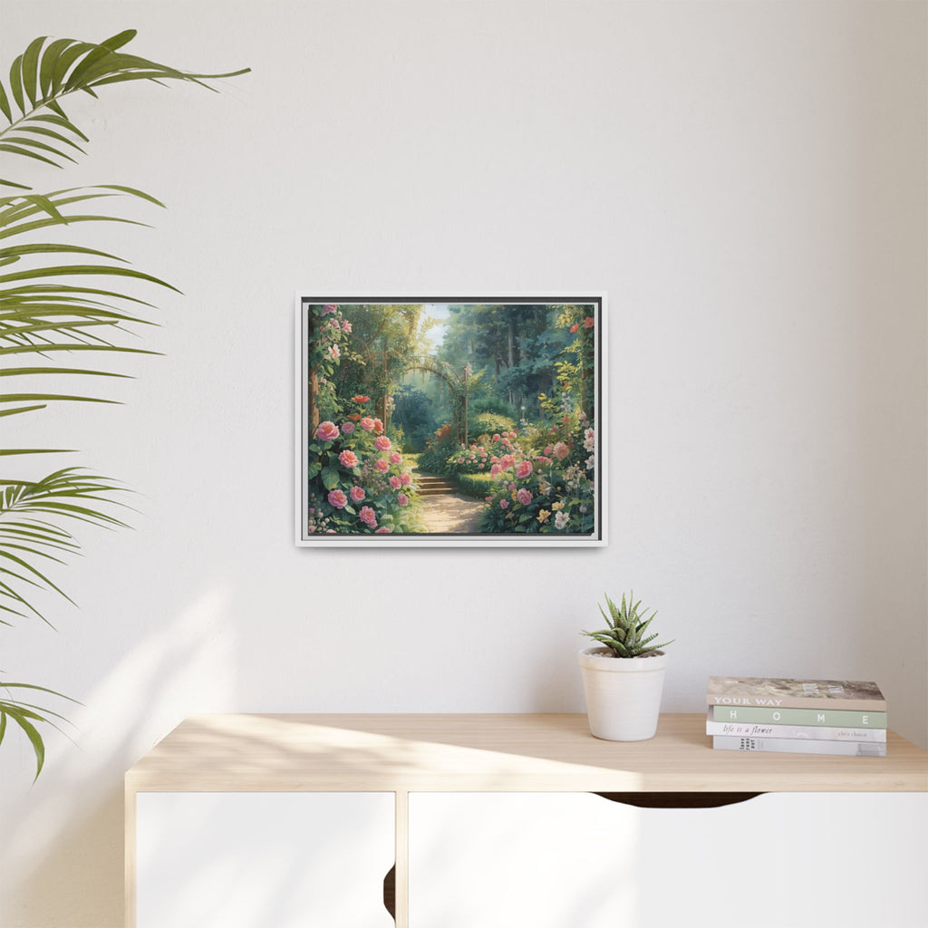 Framed Canvas Wall Art – Enchanting Cottage Garden Path with Pink Roses