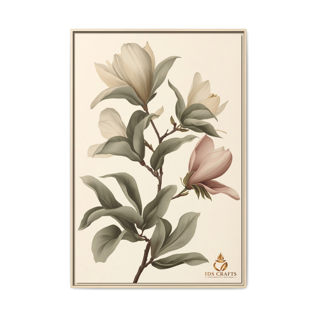 Framed Canvas Wall Art – Elegant Neutral Magnolia Botanical Print