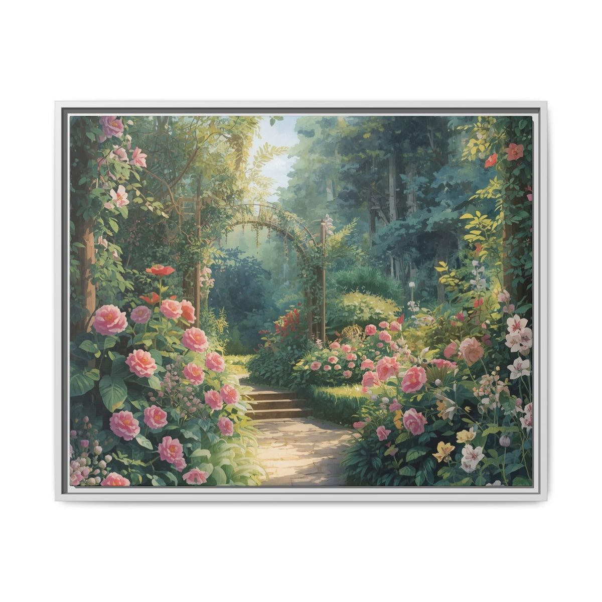 Framed Canvas Wall Art – Enchanting Cottage Garden Path with Pink Roses