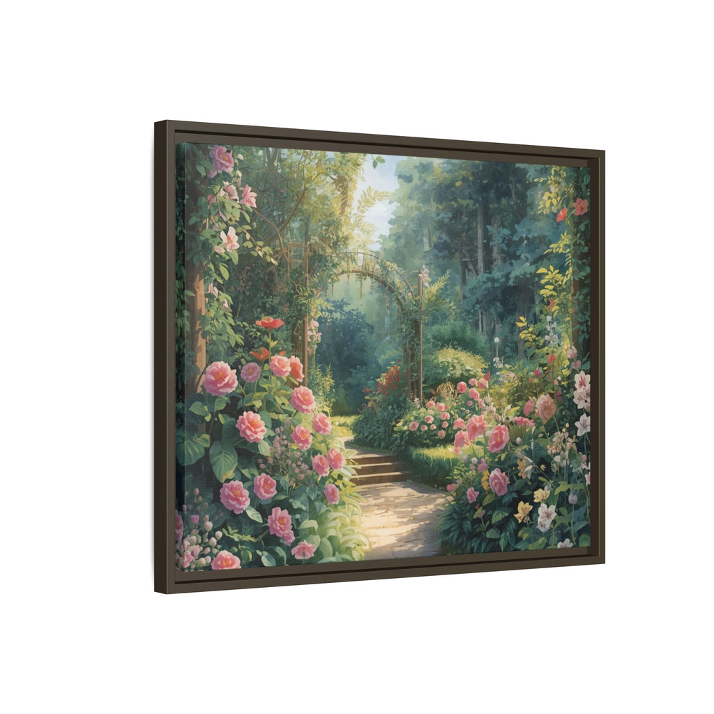 Framed Canvas Wall Art – Enchanting Cottage Garden Path with Pink Roses
