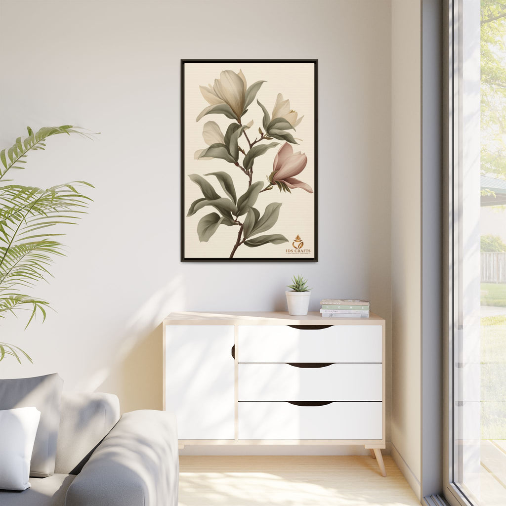 Framed Canvas Wall Art – Elegant Neutral Magnolia Botanical Print