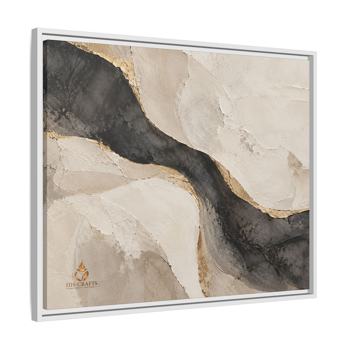 Framed Canvas Wall Art – Neutral Black, Beige & Gold Abstract