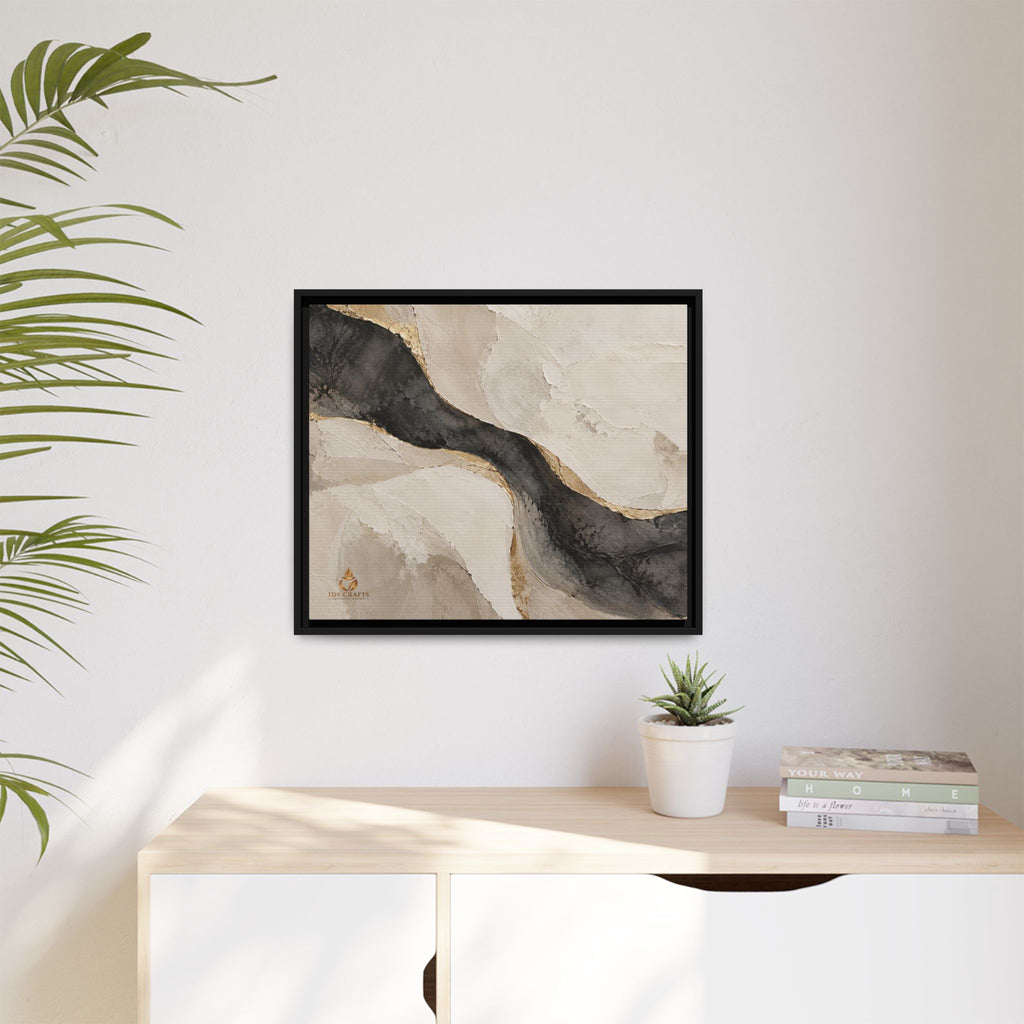 Framed Canvas Wall Art – Neutral Black, Beige & Gold Abstract