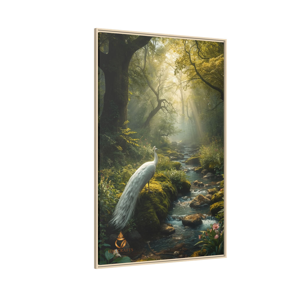 Framed Canvas Wall Art – White Heron in Enchanted Forest Stream