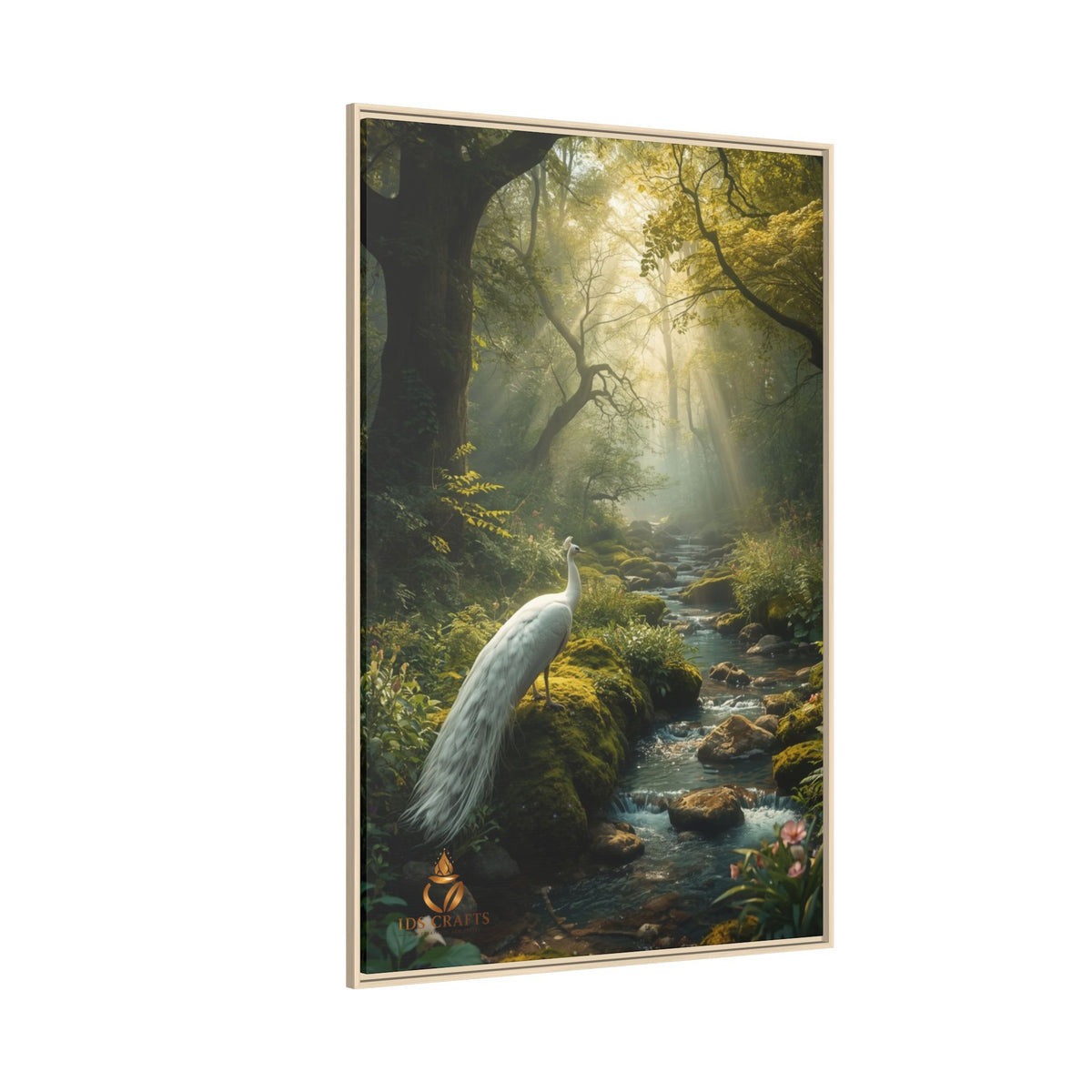 Framed Canvas Wall Art – White Heron in Enchanted Forest Stream