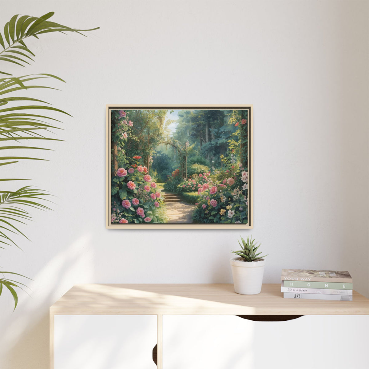 Framed Canvas Wall Art – Enchanting Cottage Garden Path with Pink Roses