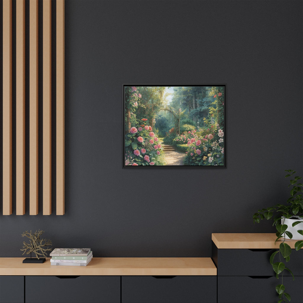 Framed Canvas Wall Art – Enchanting Cottage Garden Path with Pink Roses