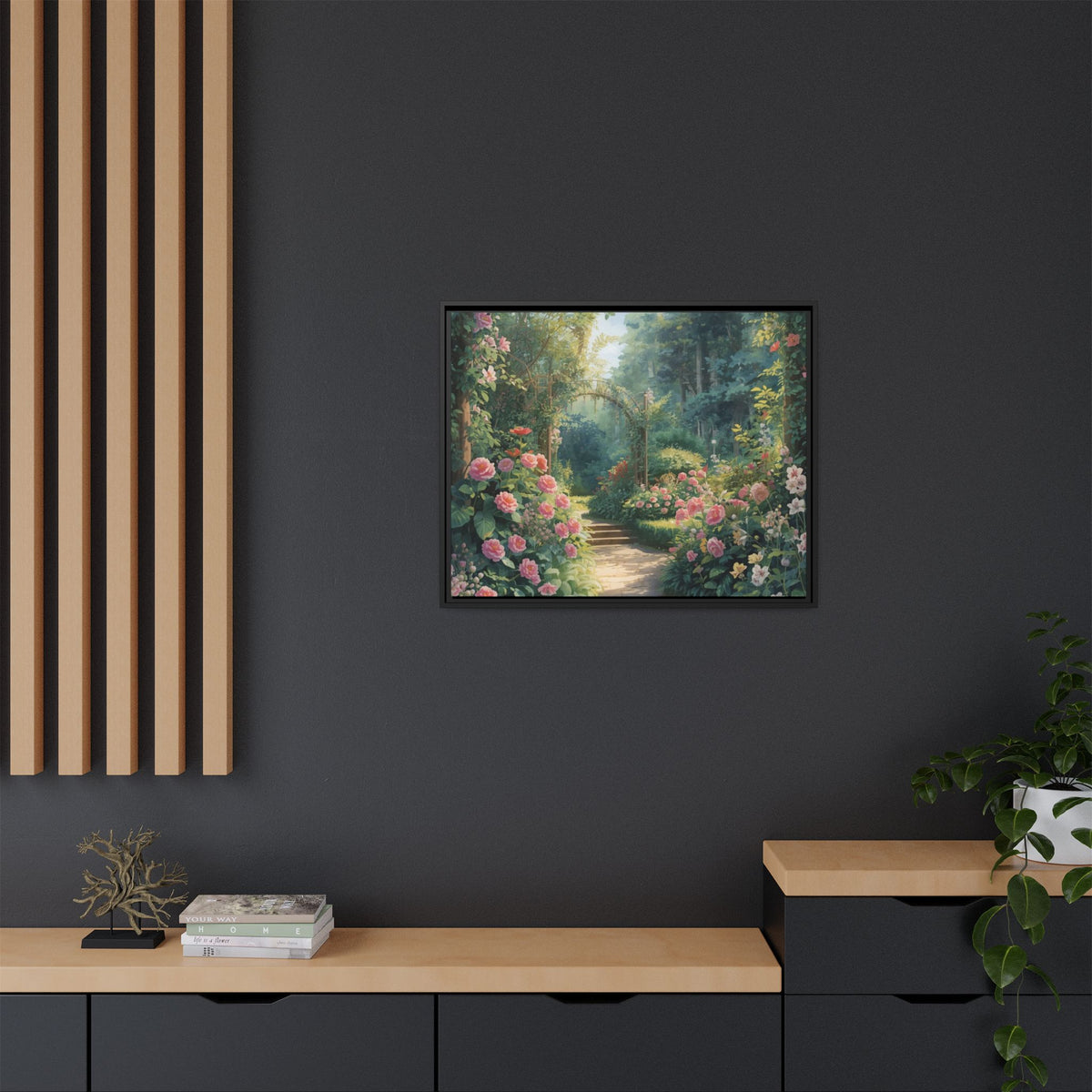Framed Canvas Wall Art – Enchanting Cottage Garden Path with Pink Roses
