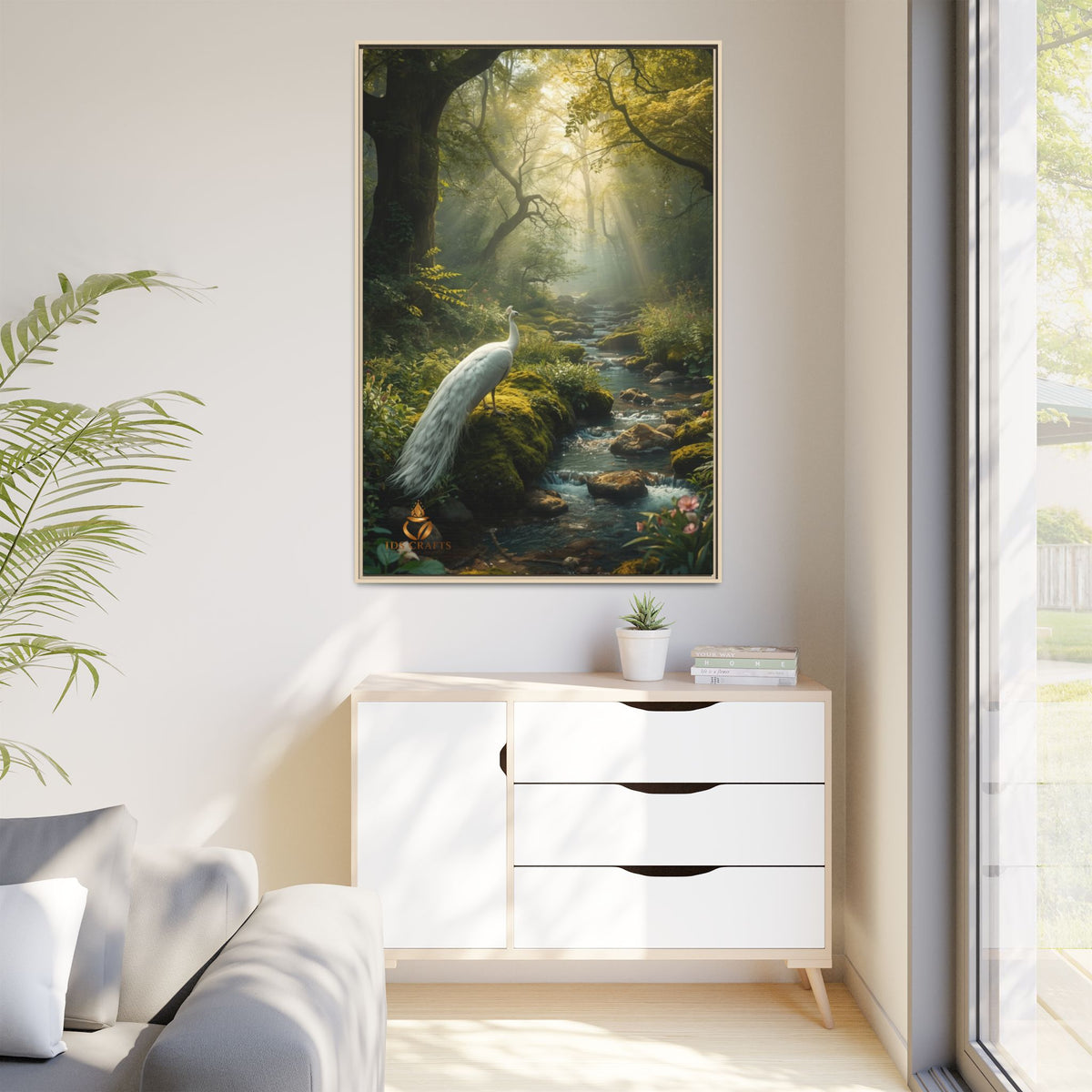 Framed Canvas Wall Art – White Heron in Enchanted Forest Stream