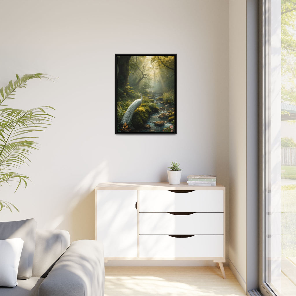 Framed Canvas Wall Art – White Heron in Enchanted Forest Stream