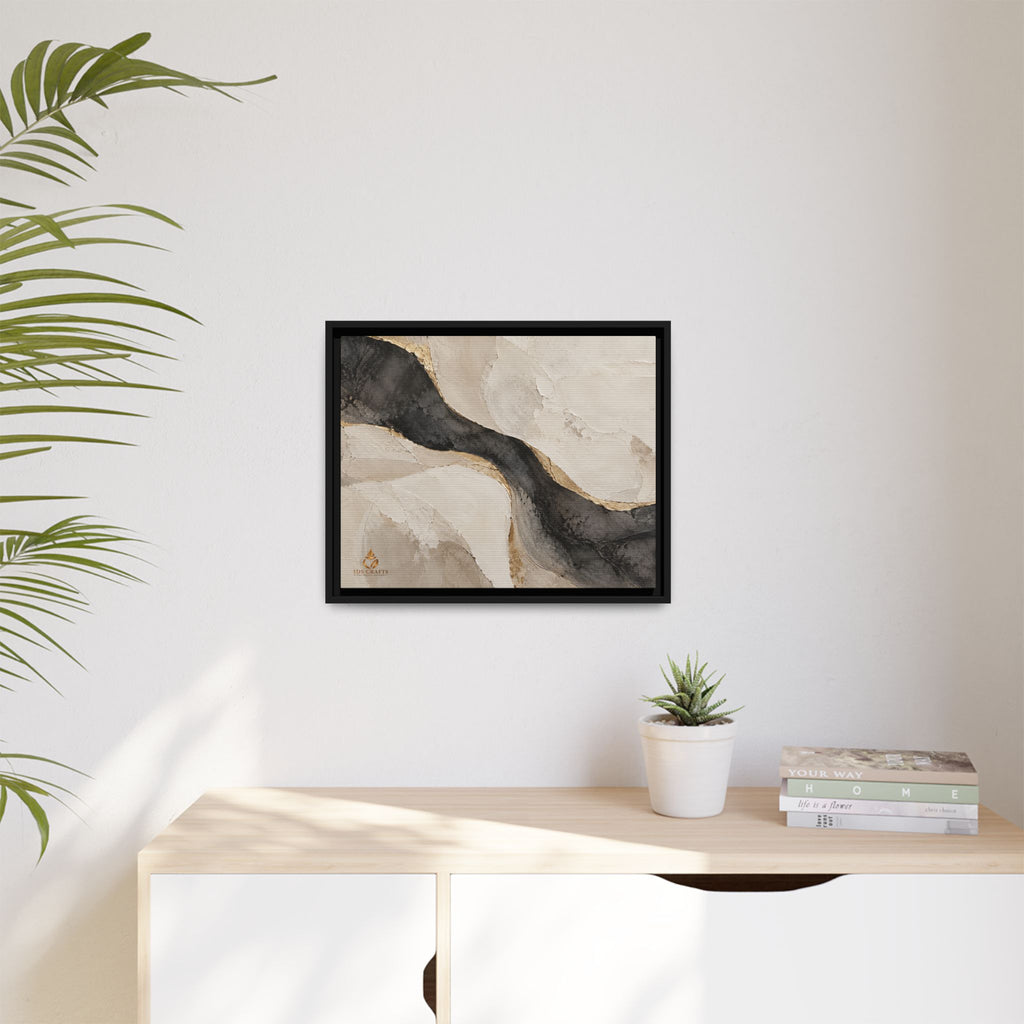 Framed Canvas Wall Art – Neutral Black, Beige & Gold Abstract