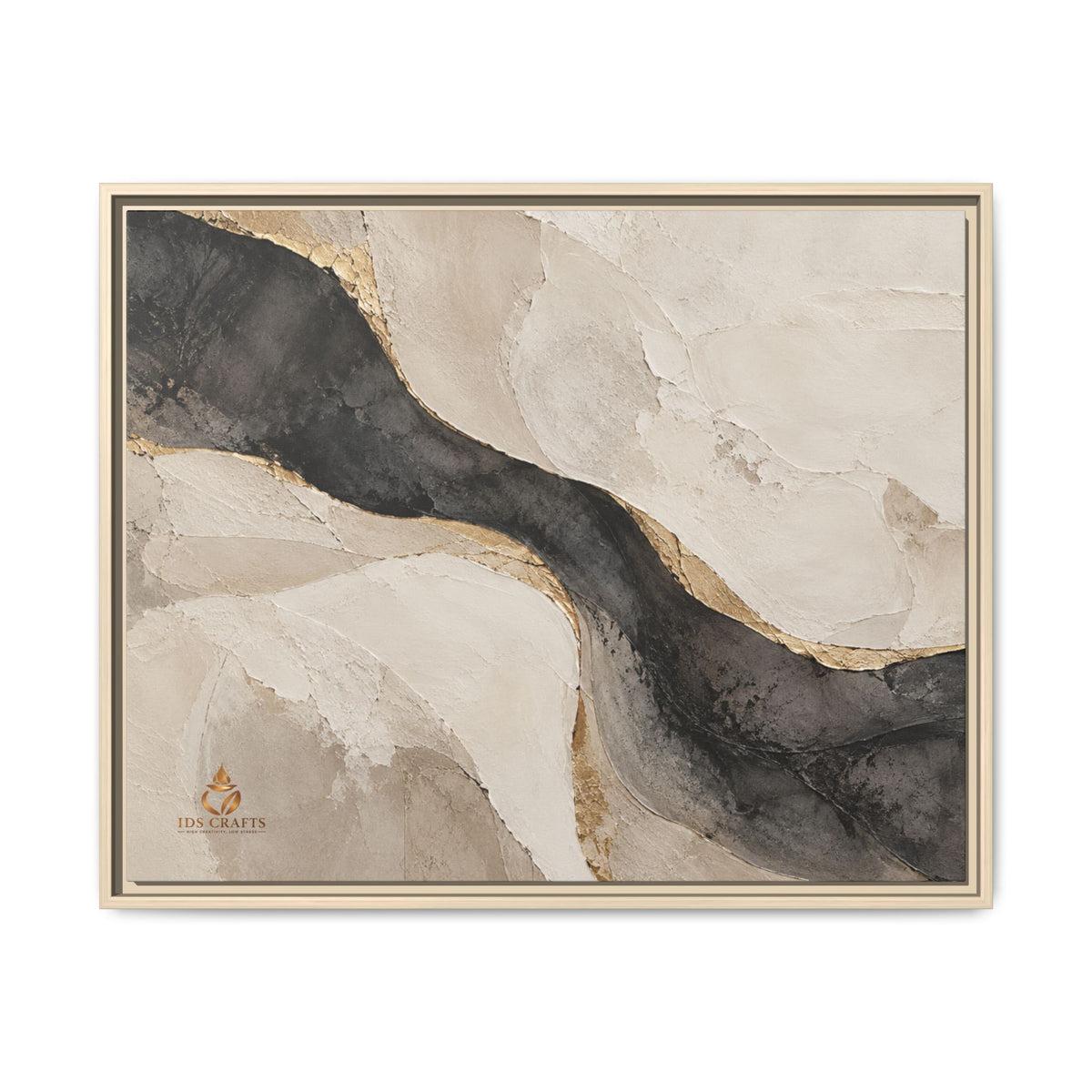 Framed Canvas Wall Art – Neutral Black, Beige & Gold Abstract